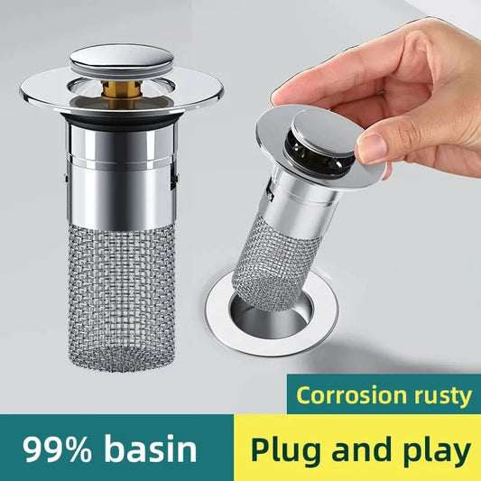 Stainless steel press-type sink drain plug with odor-proof bouncing core - VELEO